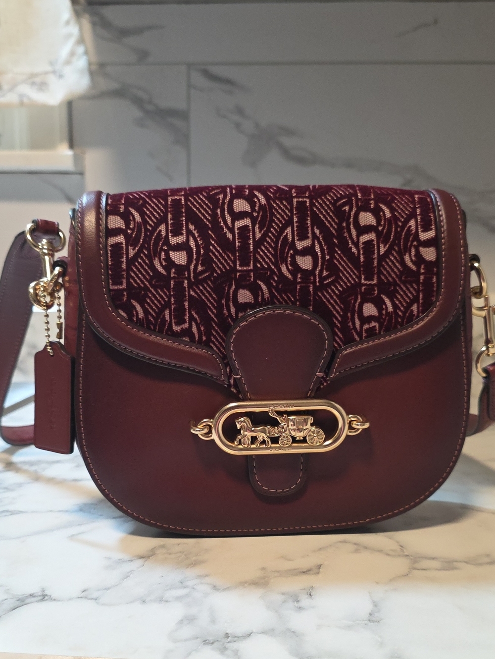 Coach Burgundy Saddle Crossbody with Signature Jacquard Flap